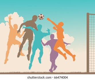 Colorful editable vector silhouette of a footballer heading the ball at goal