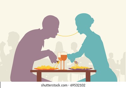 Colorful editable vector silhouette of lovers eating spaghetti together in a restaurant