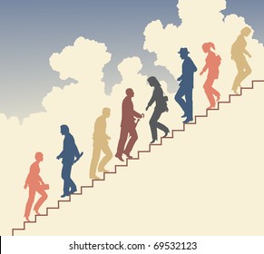 Colorful editable vector silhouette of people on stairs against the sky