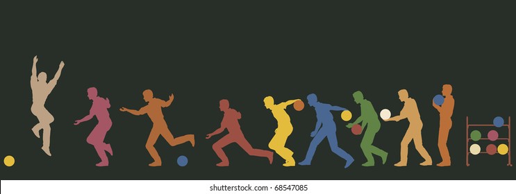 Colorful editable vector silhouette sequence of a man bowling