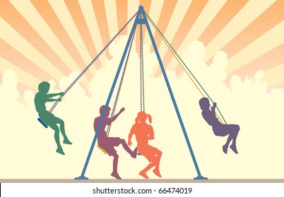 Colorful editable vector silhouettes of children on playground swings with sky background