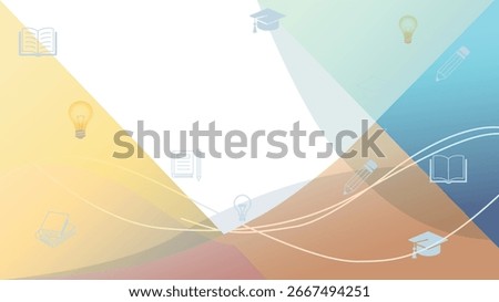 Colorful education background with abstract waves and icons of books pencils light bulbs and graduation cap modern design for learning and knowledge template