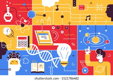 Colorful education banner vector illustration. Multicolored plates of science signs of different aspects of teaching process physics, biology, chemistry, astrology