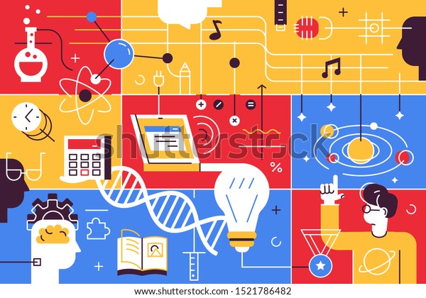 Colorful education banner\
vector illustration. Multicolored plates of science signs of\
different aspects of teaching process physics, biology, chemistry,\
astrology