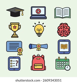 Colorful Education and E-Learning Icon Set - Flat Style Academic Symbols