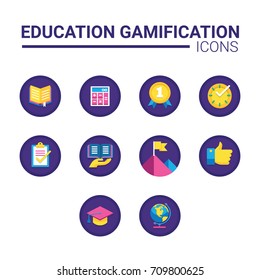 A Colorful Education Gamification Icons, Including Book Of Knowledge, Graduation, Math Hero, Perfect Time, Ranking Badge, Etc