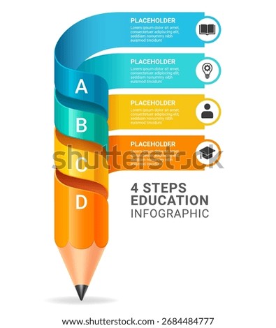 Colorful education infographic template designed as a pencil with four spiral steps. Perfect for teachers, schools, training centers, e-learning platforms, and presentations. 