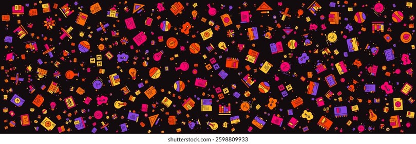 Colorful Education Pattern on Black Background. Abstract and Vibrant Design.