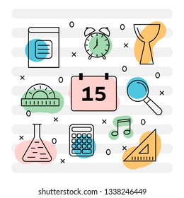 Colorful education, teacher, knowledge, lesson concept. Vector illustration in thin line style. Minimalistic graphic design.