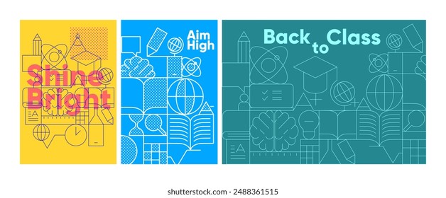 Colorful, educational back-to-school concept designs with vibrant geometrical elements.