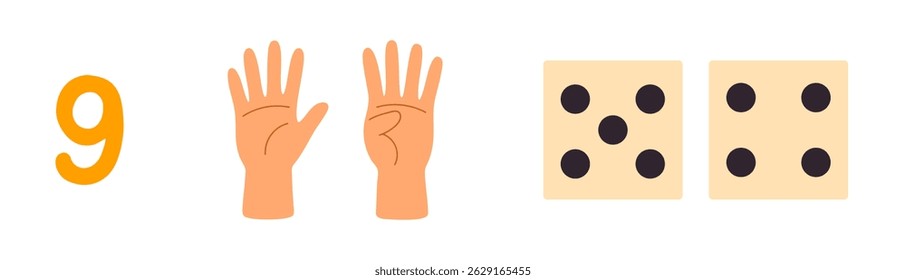Colorful educational chart showing numbers 9 with corresponding hand signs and dice illustrations for counting and early math learning