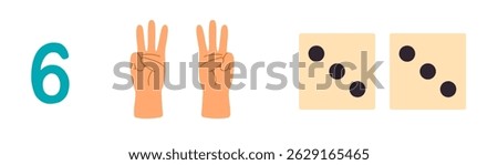Colorful educational chart showing numbers 6 with corresponding hand signs and dice illustrations for counting and early math learning