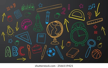 Colorful Educational doodles set with globe on blackboard