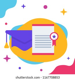 Colorful Educational Icon Set. Flat Vector Illustration of a Certificate and Graduation Hat on an Abstract Background