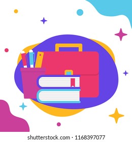 Colorful Educational Icon Set. Flat Vector Illustration of  School Supplies, Pencil, Ruler, Briefcase and Books on an Abstract Background