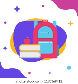 Colorful Educational Icon Set. Flat Vector Illustration of a School Backpack with Books and an Apple on an Abstract Background