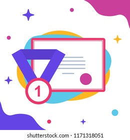 Colorful Educational Icon Set. Flat Vector Illustration of a Certificate with a First Place Medal on an Abstract Background