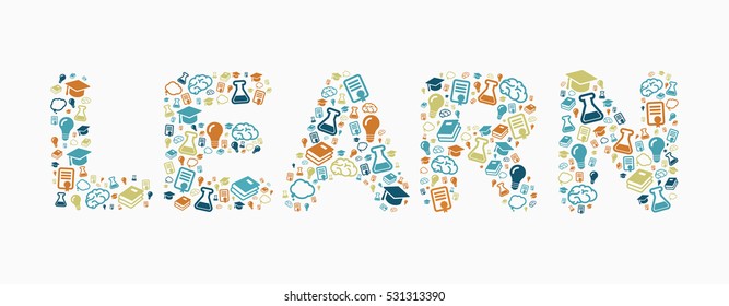 Colorful Educational Icons making up the word: learn, banner size for facebook etc