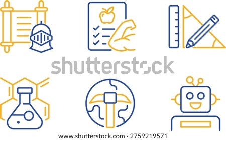 Colorful educational icons representing various subjects and activities