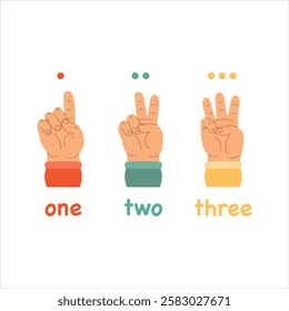 Colorful educational illustration of hand gestures showing numbers from 1 to 3. A fun and simple counting guide for kids, ideal for learning materials, preschool education, and math activities.