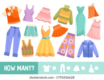 Colorful educational kids puzzle with clothing or garments isolated on white and text How Many, colored vector illustration