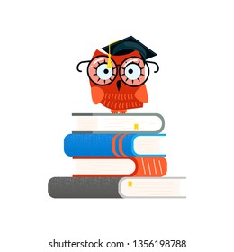 Colorful Educational logo and Back to school concept. Wise owl in graduate cap sitting on a stack of books. Flat Art Vector illustration