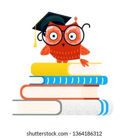 Colorful Educational logo and Back to school concept. Wise owl in graduate cap sitting on a stack of books. Flat Art Vector illustration