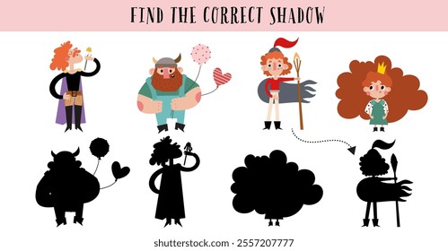 colorful educational shadow matching game featuring cartoon fantasy characters like knights, princesses, and vikings. Perfect for kids' learning and entertainment.