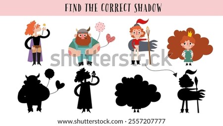 colorful educational shadow matching game featuring cartoon fantasy characters like knights, princesses, and vikings. Perfect for kids' learning and entertainment.