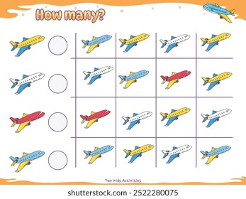 Una colorida hoja de trabajo educativa con aviones en un formato de juego de conteo. Perfecto para materiales de aprendizaje preescolar, actividades matemáticas