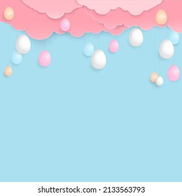 Colorful egg with pink cloud in blue sky background. Paper art style. 