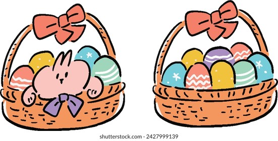 Colorful Egg and Rabbit Basket Hand Drawn Illustration Set