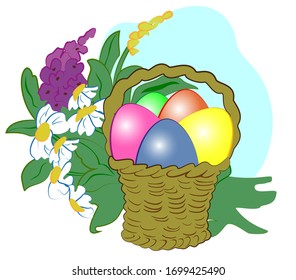 Colorful eggs in a basket and a bouquet of flowers on a blue background. Easter card in flat style. EPS10 vector illustration