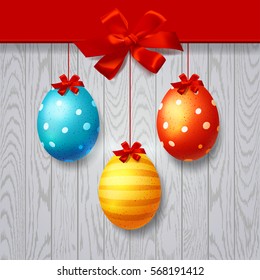 Colorful  eggs with bow and ribbon  