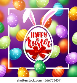 Colorful  eggs with bow and ribbon, bunny white rabbit ears. Hand drawn calligraphy "happy Easter"   
