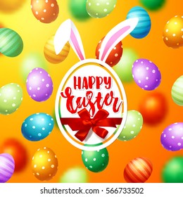 Colorful  eggs with bow and ribbon, bunny white rabbit ears. Hand drawn calligraphy "happy Easter"   
