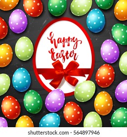 Colorful  eggs with bow and ribbon. Hand drawn calligraphy "happy Easter" 