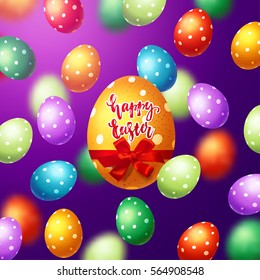 Colorful  eggs with bow and ribbon. Hand drawn calligraphy "happy Easter"  