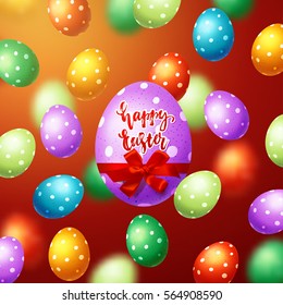 Colorful  eggs with bow and ribbon. Hand drawn calligraphy "happy Easter"   