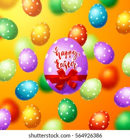 Colorful  eggs with bow and ribbon. Hand drawn calligraphy "happy Easter"  