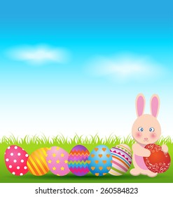 Colorful eggs and cute bunny for Easter day greeting card