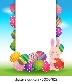 Colorful eggs and cute bunny for Easter day greeting card