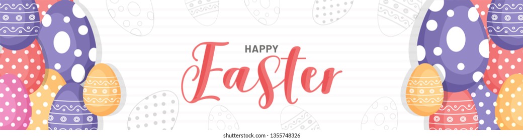 Colorful eggs decorated website header or banner with stylish text of Happy Easter Celebration Design.