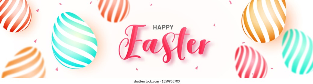 Coloridos huevos decorados cabecera o banner del sitio web con un elegante texto de Feliz Diseño de la Celebración de Pascua.