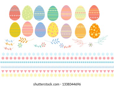 Colorful eggs for the Easter holiday. Easter set of eggs with beautiful pictures.  Seamless pattern of colorful easter eggs.