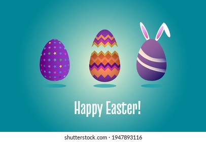 Colorful eggs for a Happy Easter. A banner with colored eggs and a broken shell. Patterned Easter eggs and rabbit ears, vector illustration