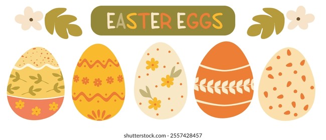 Colorful eggs illustration, with different patterns and colors. Perfect for spring and Easter-themed designs.