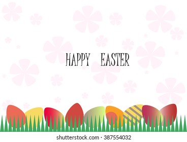 Colorful eggs on the grass in  background pink flowers.