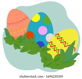 Colorful eggs with a pattern in cartoon style on a light background. Holiday card. Happy Easter! EPS10 vector illustration