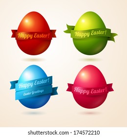 Colorful eggs with ribbons and place for text. Vector illustration. Easter template design for greeting and invitation cards. Abstract 3D shape.